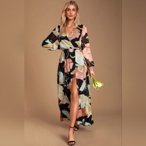 Lulus Lovely Black Floral Print Maxi Dress